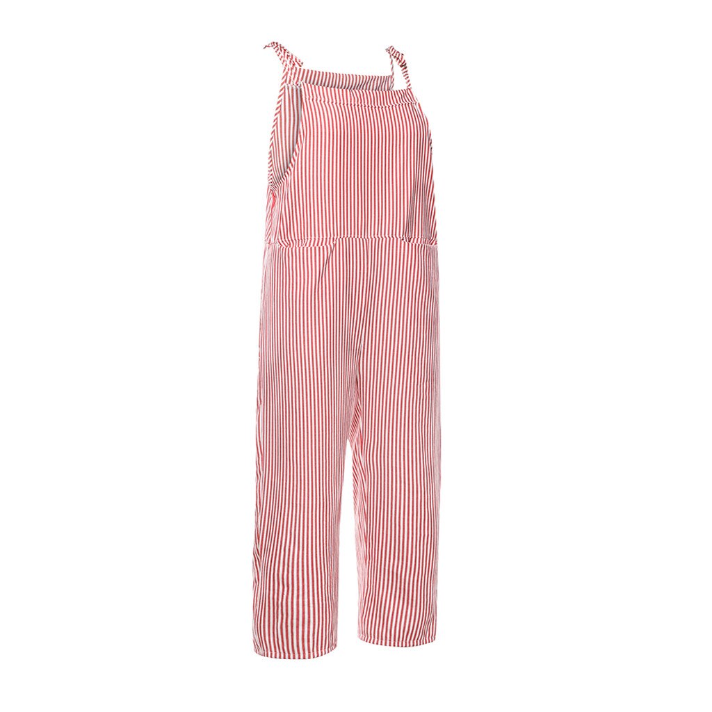 Novo design de moda solto linho macacões moda feminina bolso bandagem sem mangas macacão listra bodysuit playsuit macacão
