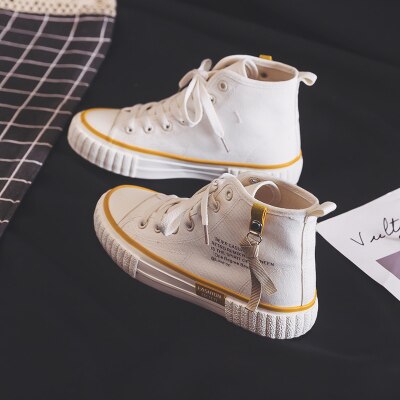 Vrouwen Canvas Schoenen Lente Meisje Casual Schoenen Platte Hak Hoge Top Rits Effen Kleur Sneakers Studenten kaki: WHITE / 36
