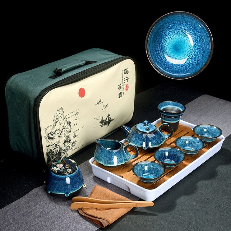 Kinesisk te sett blå rav glasur keramisk jingdezhen temmoku glasur utsøkt sett kung fu te kopp bærbar tekanne gaiwan te kopper: Stil d