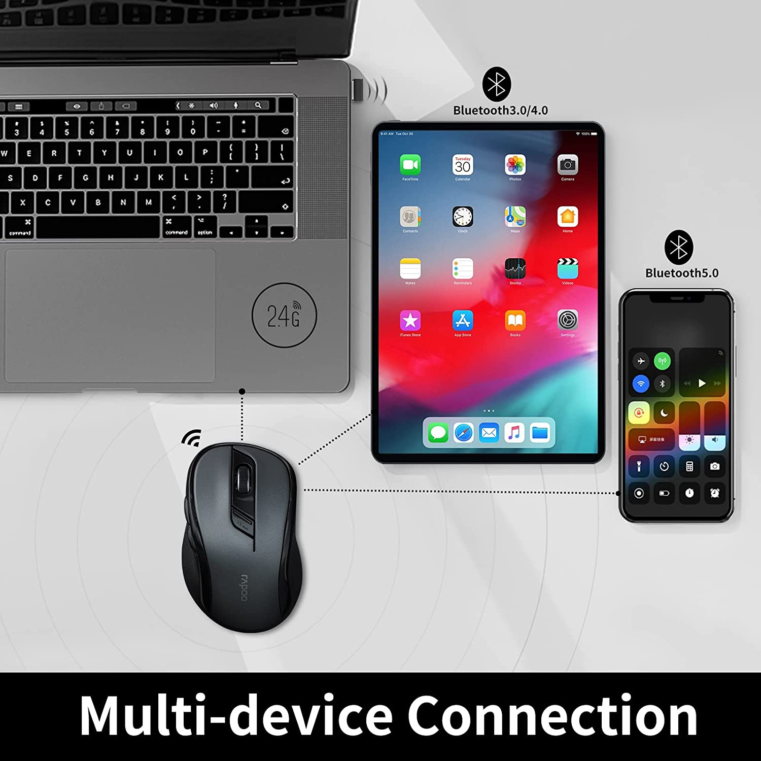 Rapoo M500G Multi-Device Bluetooth Mouse Noiseless Ergonomic Wireless Mouse for Computer PC Laptop 12 Months Long Battery Life