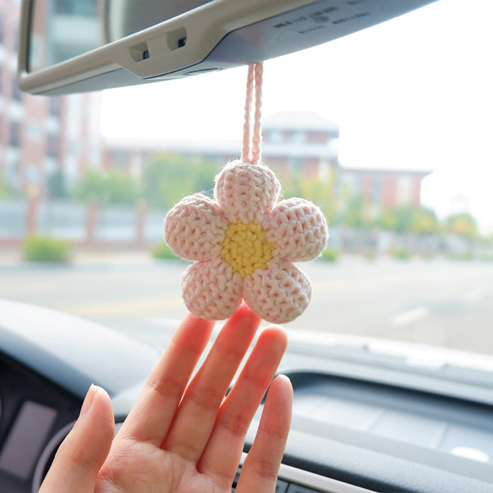 Accesorios colgantes para espejo de coche con flor de gofre Kawaii, accesorios para espejo retrovisor de coche con flores de ganchillo, colgante para espejo de coche D: Rosa