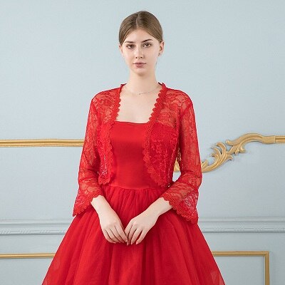 Women Black Lace Jacket for Wedding Dress Long Sleeve Appliqued Boleros Evening Party Wraps: Red
