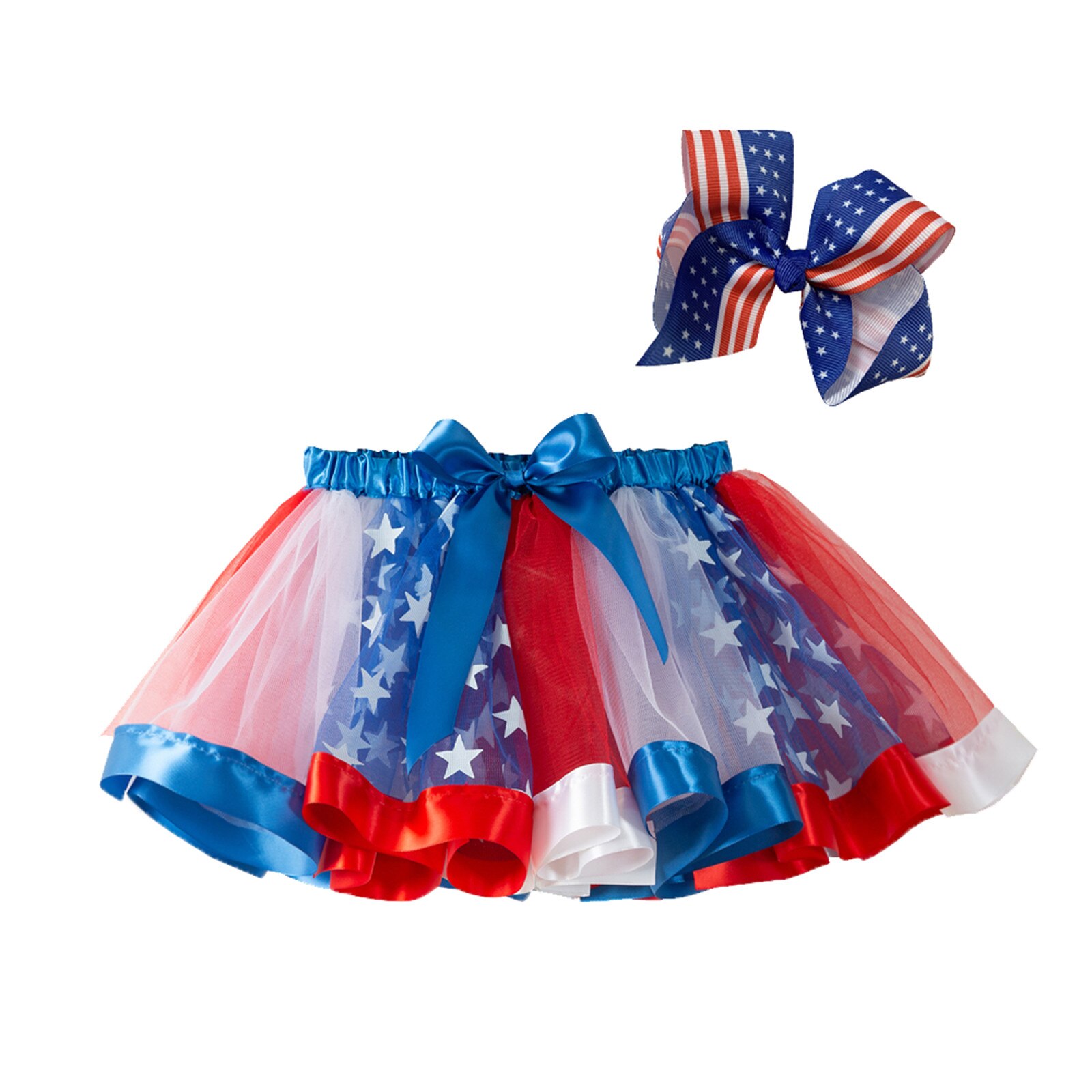 Tutu Rok Onafhankelijkheid Dag Ster Netto Gaas Gedrukt Boog Meisjes 4th-of-july Sterren Dans Ballet Kostuum Tule Rokken + Boog Haarspeld: Blauw / 2-4 Years