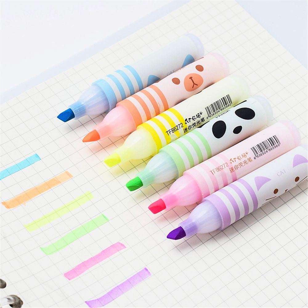 6pcs Cute Cartoon Animals Highlighters Lovely Mini Paint Marker Pens Drawing Liquid Chalk Stationery School Office Art Supplies