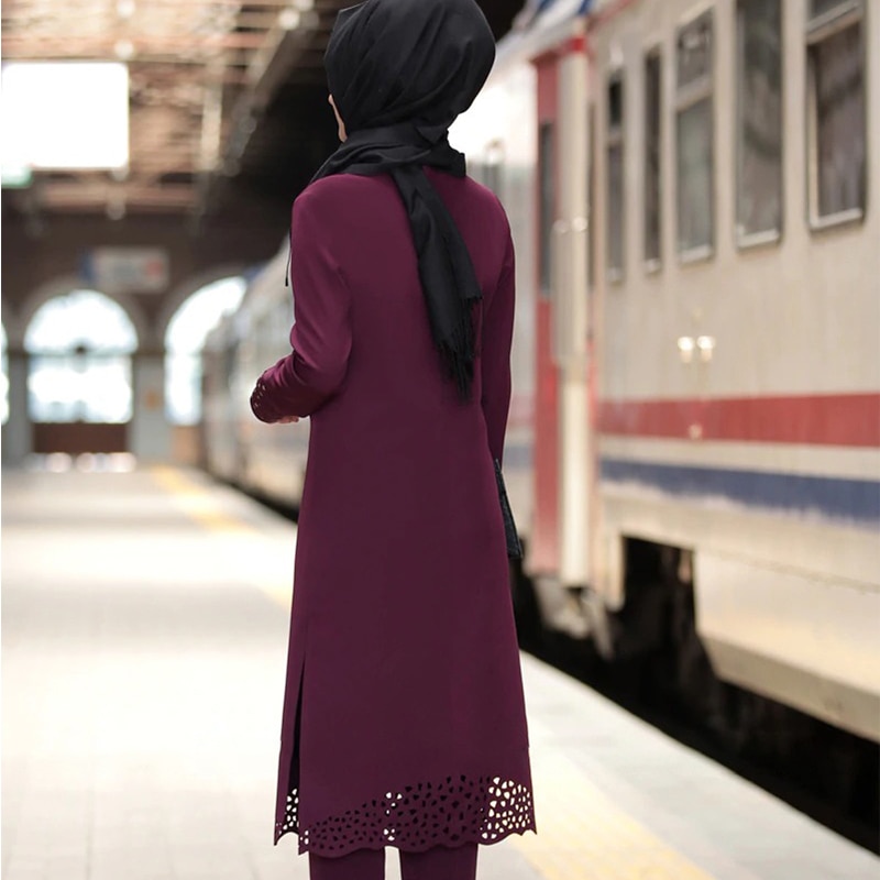 Kalkon muslimsk klänning kvinnor långa toppar ihåliga solida islamiska ropa hijab klänningar marockanska kaftan jilbab fest vestidos abaya ramadan