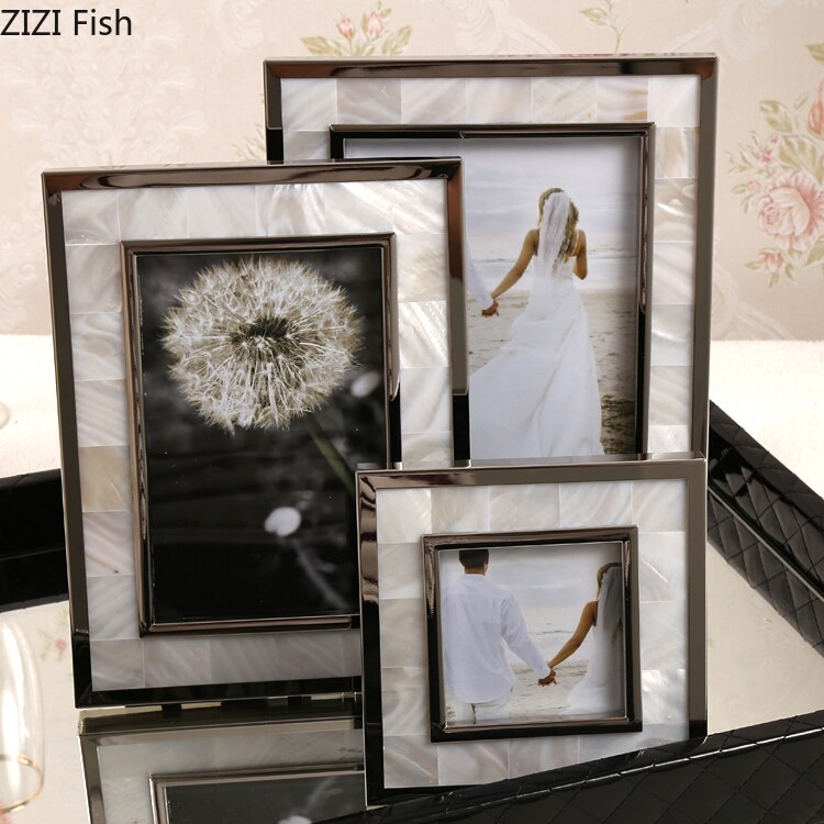 Gouden Legering Fotolijst Natuurlijke Shell Materiaal Omlijst Familie Portret Nachtkastje Bureau Decoratie 4/6/7 Inch Fotolijsten