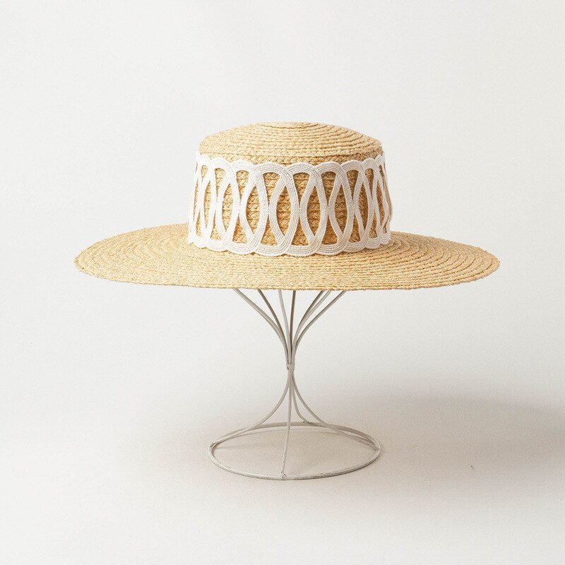 Sombrero plano de paja con ala ancha para mujer, sombrero de playa estilo étnico, Canotier, vacaciones, iglesia, Kuntucky,: Blanco