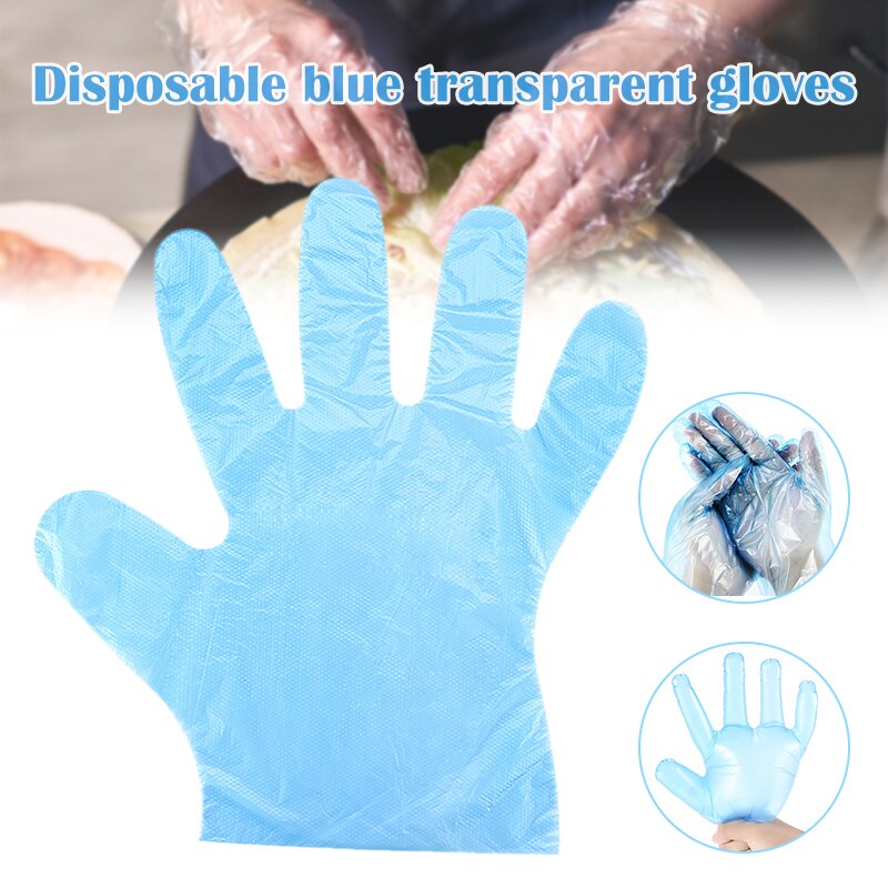 100/200/300Pcs Wegwerp Blauw Transparant Handschoenen Wegwerp Plastic Handschoenen Voor Voedsel Industrie Productie @ Ls