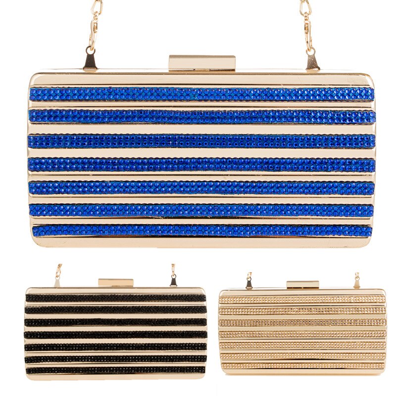 Beste gouden metalen harde blauwe/zwarte diamanten kristal clutches dames lange ketting handtassen dames clutch