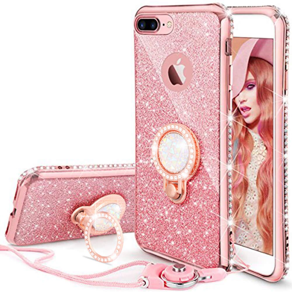 LAPOPNUT Rhinestone Glitter Cover Case for Iphone 11 Pro Xs Max X Xr 8 7 Plus 6 6s 5 5s SE Magnetic Finger 360 Ring Back Cover