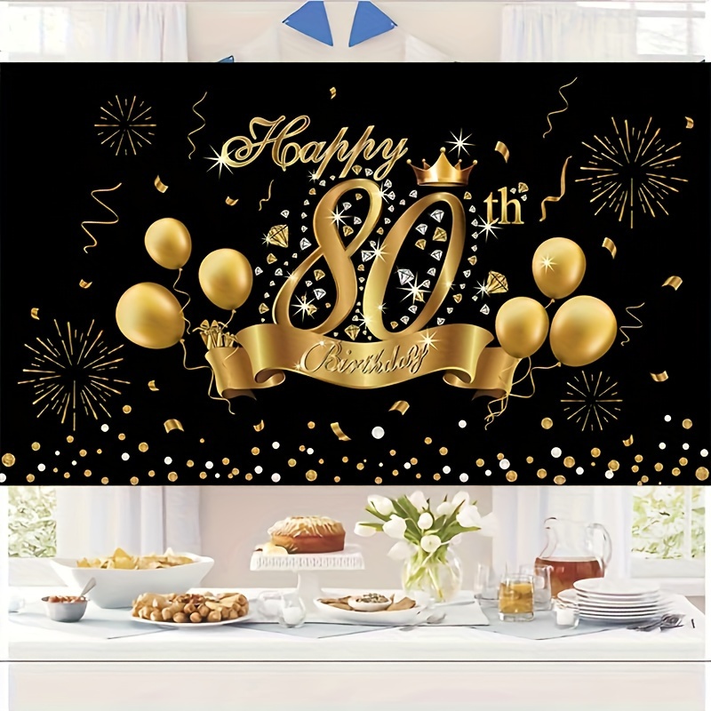 Decoración de feliz cumpleaños, decoración de feliz 80 cumpleaños, pancarta, telón de fondo, decoración de , cartel de 80 cumpleaños dorado negro