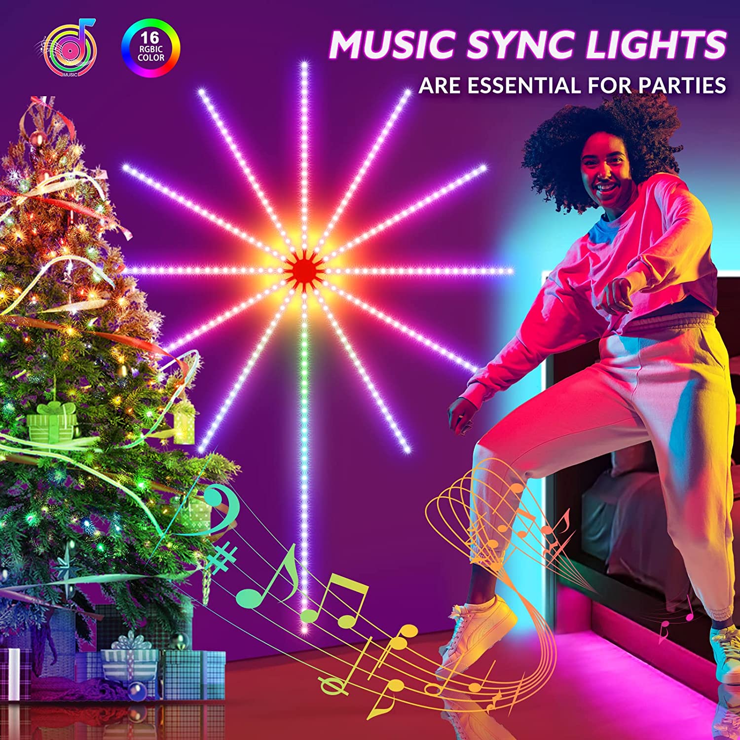 Fyrværkeri lys led strip musik lyd sync farve skiftende fjernbetjening led fyrværkeri lys til fest, dekoration