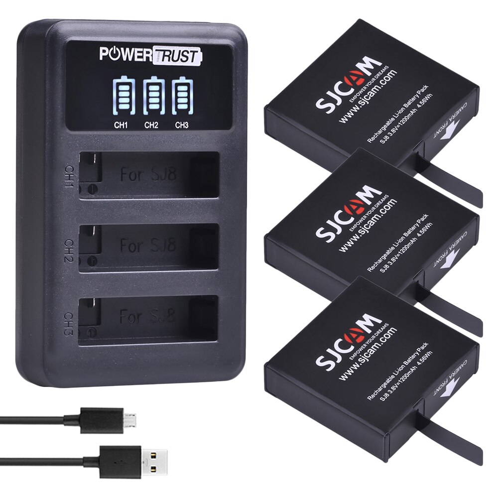 3X1200 Mah Originele SJ8 Oplaadbare Li-Ion Batterij + Led 3-Kanaals Usb Oplader Voor Sjcam SJ8 Serie sport Actie Camera: 3Battery and charger