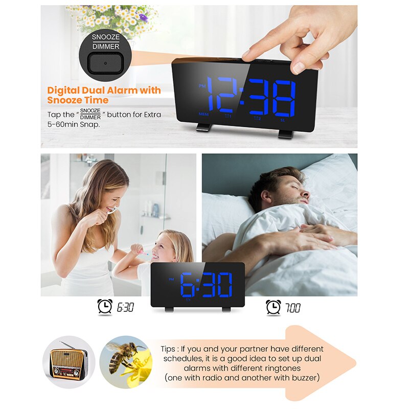 Digital Alarm Clock with FM Radio Dual Alarm 6.7'LED Screen USB Port 4 Brightness 12/24H Automatic Dimmer Snooze Digital Clock