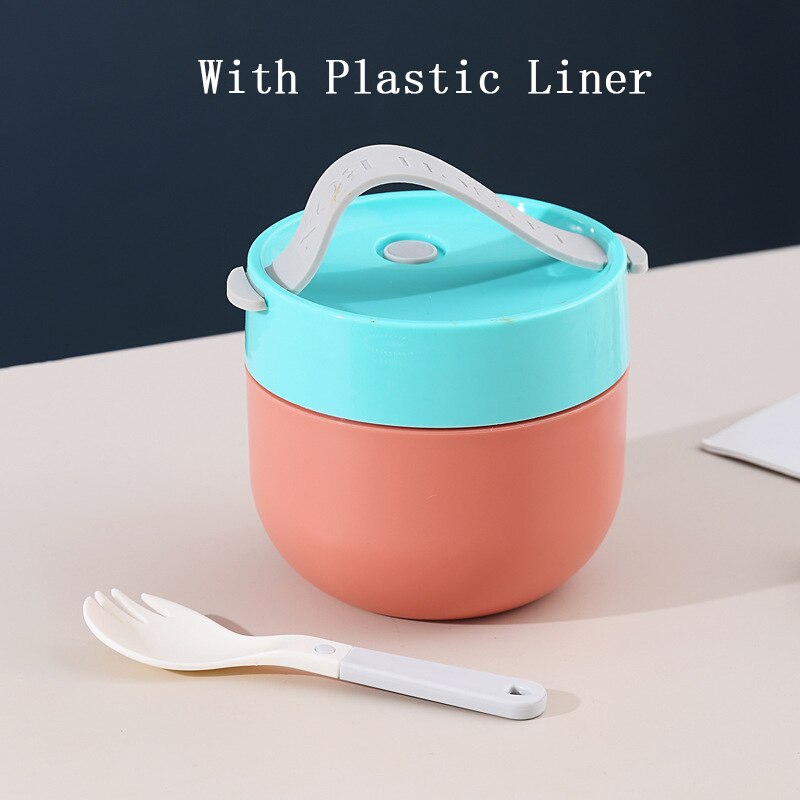 Portable Soup Cup Lunch Box Stainless Steel/Plastic Thermos Mug Food Container Thermal Cup Vacuum Bento Box With Spoon For Kids: A-Blue Pink