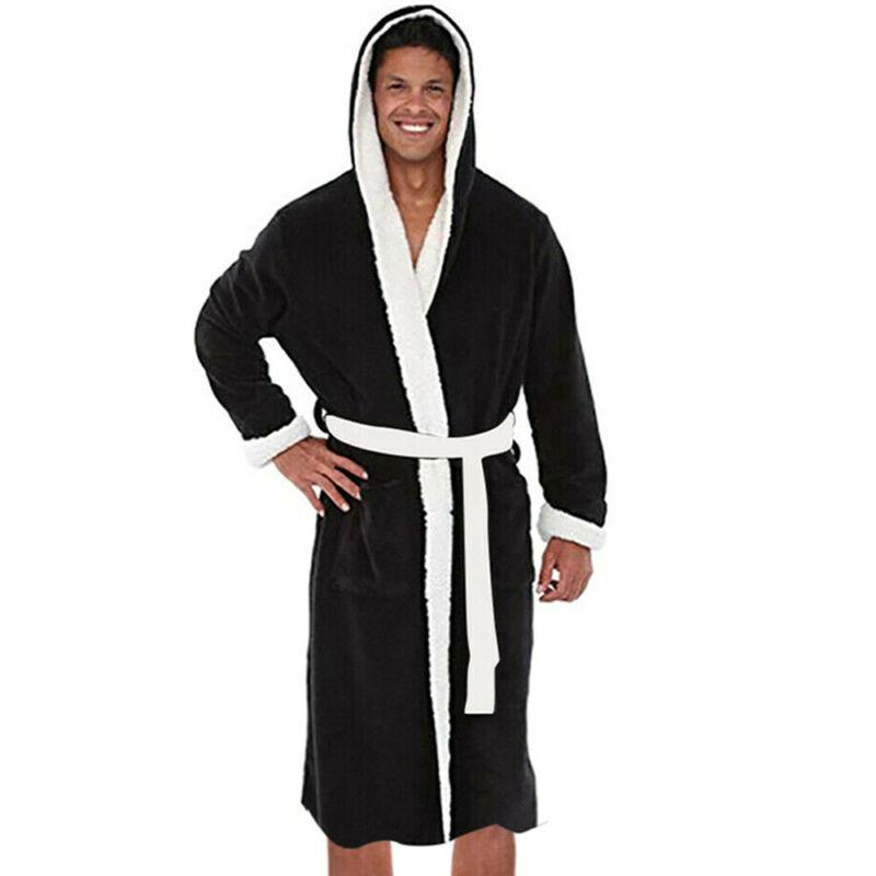 5XL Men Long Robe Night Male Long Sleeve Hooded Bathrobe Towel Soft Lined Lounge Wear Luxury Bath Robe Men: Black White / XL