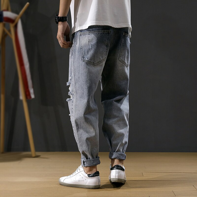Korean Men Jeans Loose Fit Retro Blue Destroyed Ri... – Grandado
