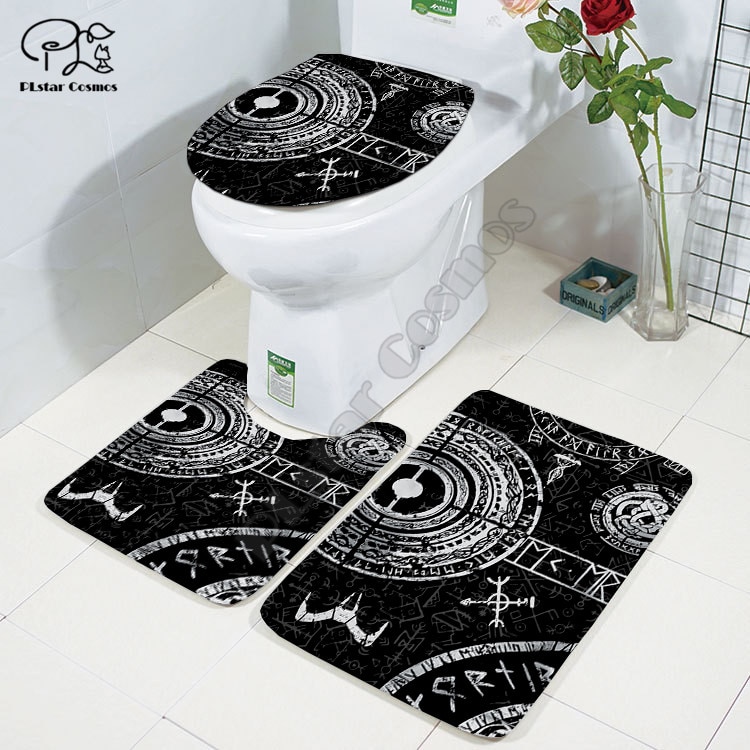 Tegneserie sjov viking tatovering 3d trykt badeværelse piedestal tæppe låg toiletbetræk bademåtte sæt stil -3