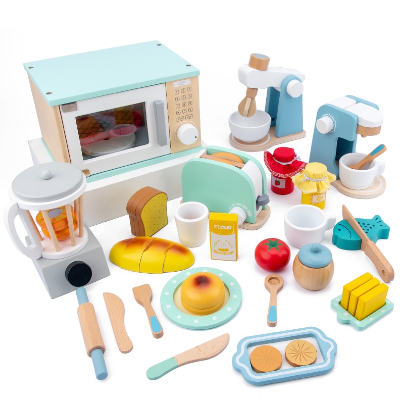 Børn træ foregiver legesæt simulering brødristere brødmaskine kaffemaskine blender bagesæt spil mixer køkken rolle legetøj