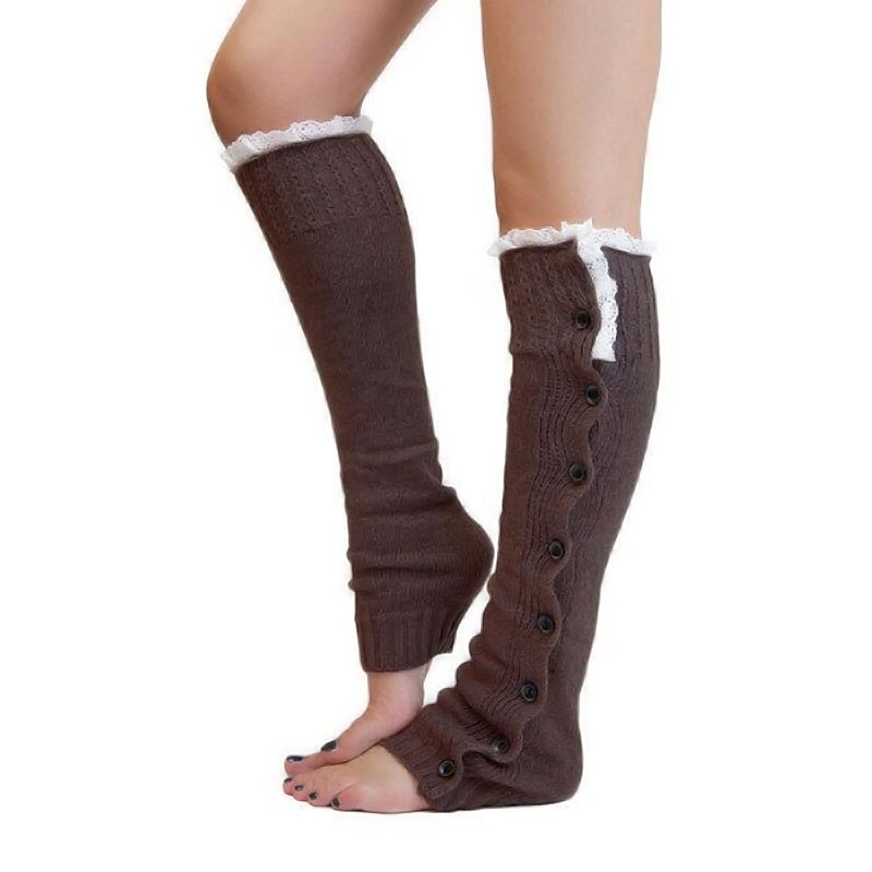 Mallas cálidas con botón de encaje para mujer, calentador de pies, cubiertas de botas, medias cálidas de punto para Otoño e Invierno: Coffee