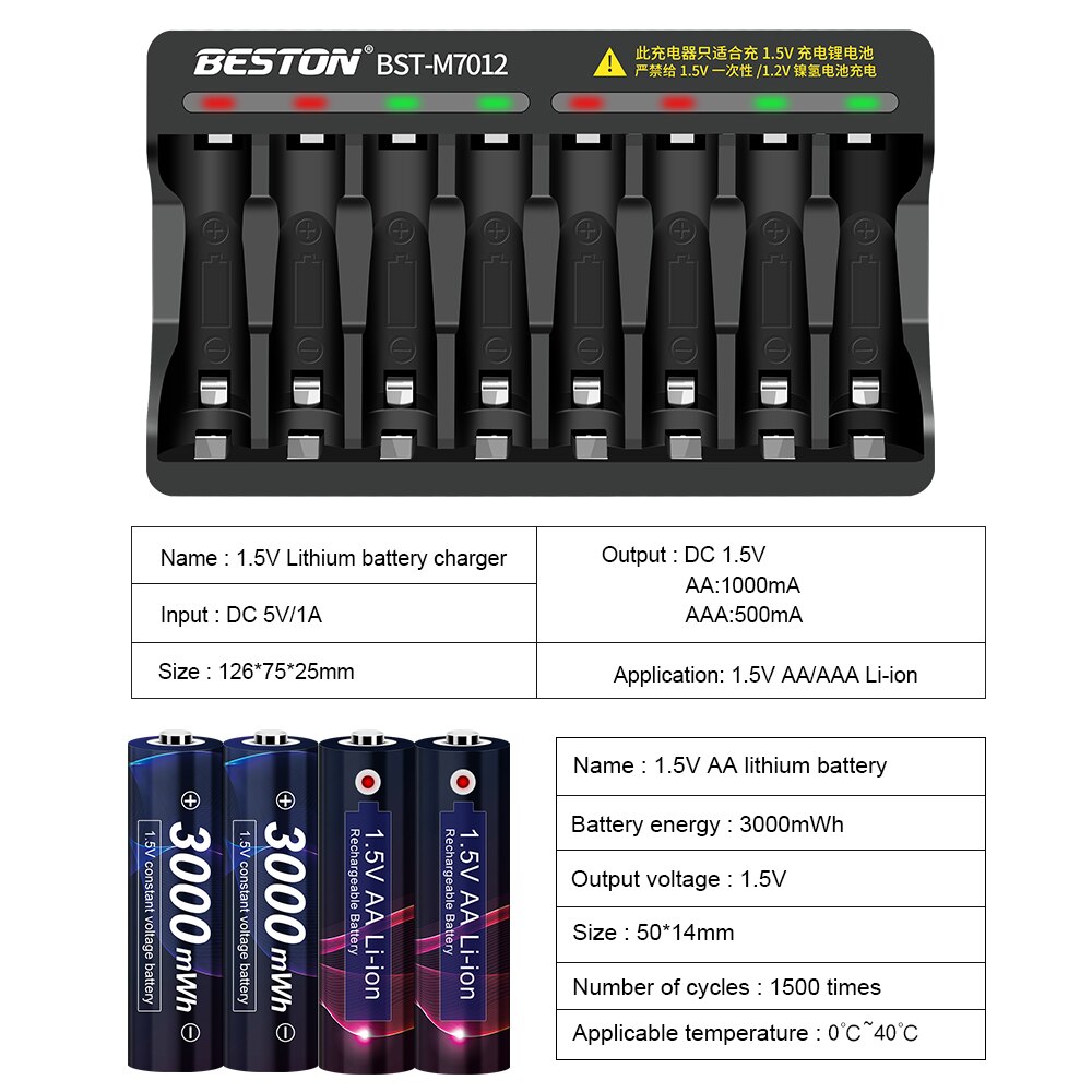 1.5V AA Battery Charger - 8 Slots - LED Indicator - for Li-ion Rechargeable Batteries