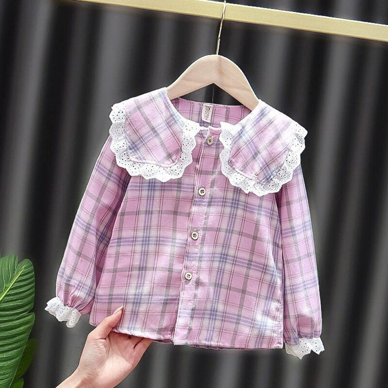 Primavera y otoño bebé recién nacido camiseta de niñas de encaje de cuadros lindo Blusa de algodón de manga larga Top ropa Toddle 1-12M 1-2Y: P / 2-3Y