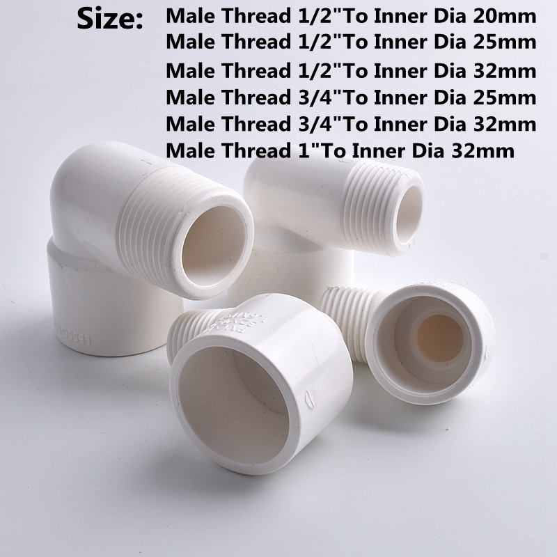 Connecteur PVC blanc 20 25 32mm à 1/2 "3/4" 1 ", réducteur égal à 90 degrés, raccord à filetage mâle, Joint coudé pour l'irrigation du jardin