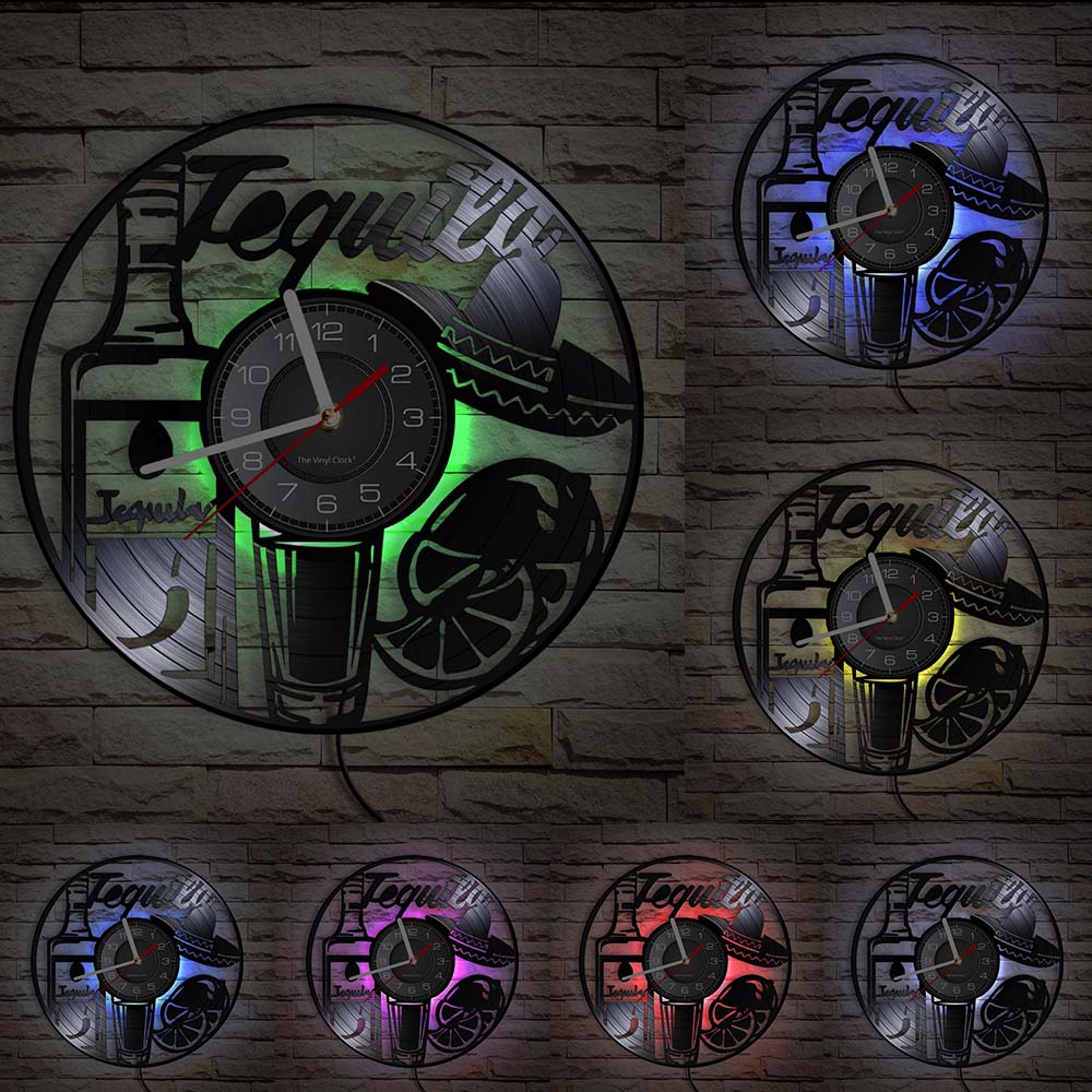 Dringking-Reloj de pared de grabación de vinilo para bebidas, cartel de pared de estilo Vintage, arte de la hora del Tequila, Bar, Pub, vino, para chico: With LED