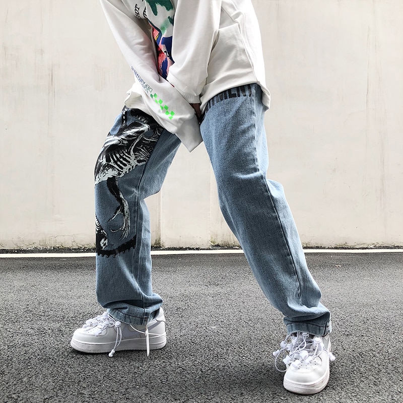 Herreprintede denim jeans efterår high street afslappet løs lige lynlås jean jogger hip hop streetwear bukser jeans