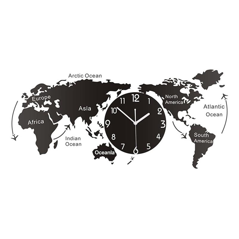 1PC Unique Acrylic Wall Clock World Map Wall Hanging Clock For Office Home Living Room Without Battery A2