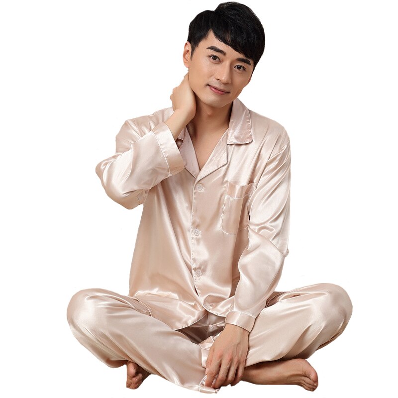 Men Sleepwear Summer Casual Pajama Set Satin Male Nightwear Suit Long Sleeve 2 Piece Shirt+Pants Pajamas Suit Big Size 3XL