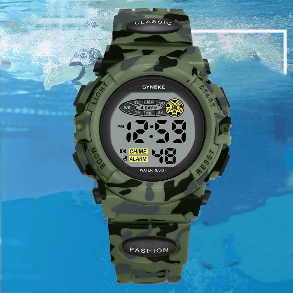 SYNOKE Student sporthorloge voor kinderen Kleurrijke elektronische horloges Waterdichte klok Kinderen digitaal horloge voor jongens Camouflage