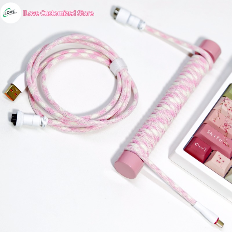 Coiled Keyboard Cable USB C + Protection Rod for Mechanical Gaming Keyboard Double-Sleeved Wire with Detachable Metal Aviator