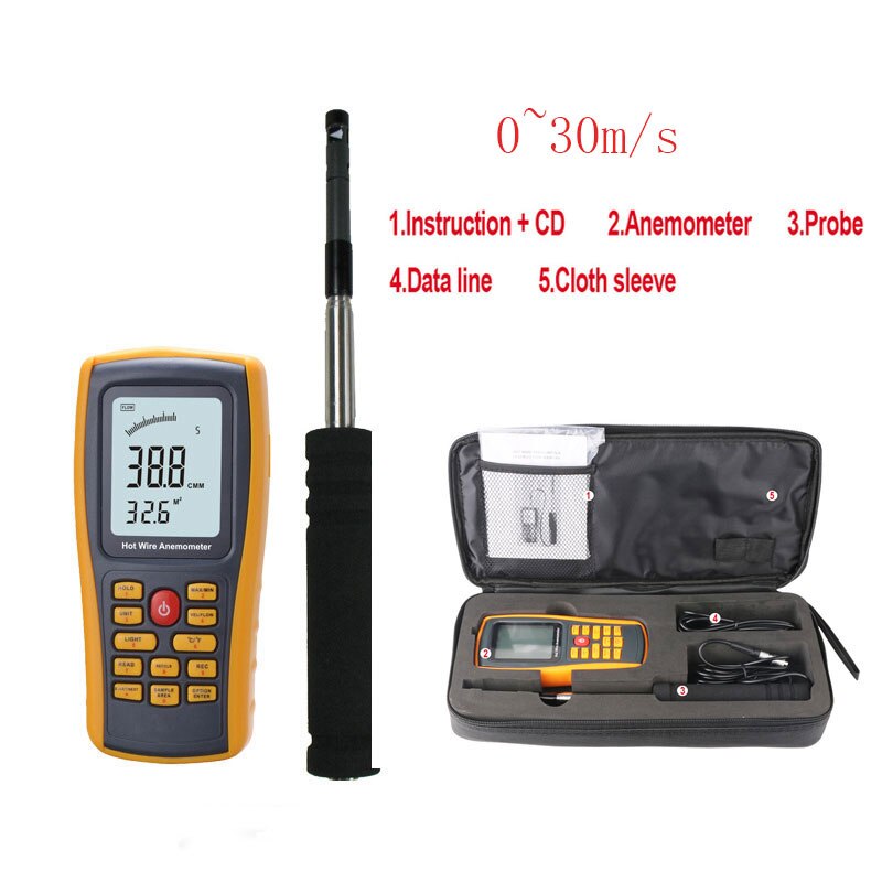 Digital LCD Wire Anemometer 30m/s Wind Speed Gauge Measuring Instrument Temperature Measurement