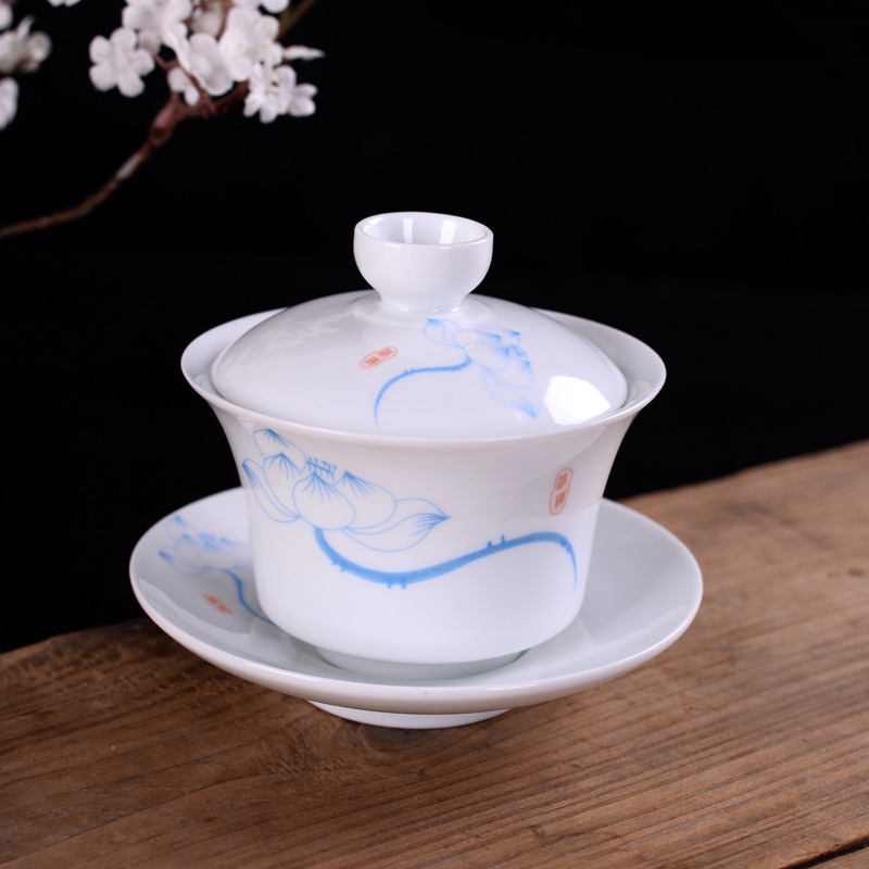 Dipinte A mano Blu e bianco porcellana gaiwan Tè zuppiera Cinese da tè in ceramica impostato ciotola di ciotola coperta con coperchio della tazza piattino: 02