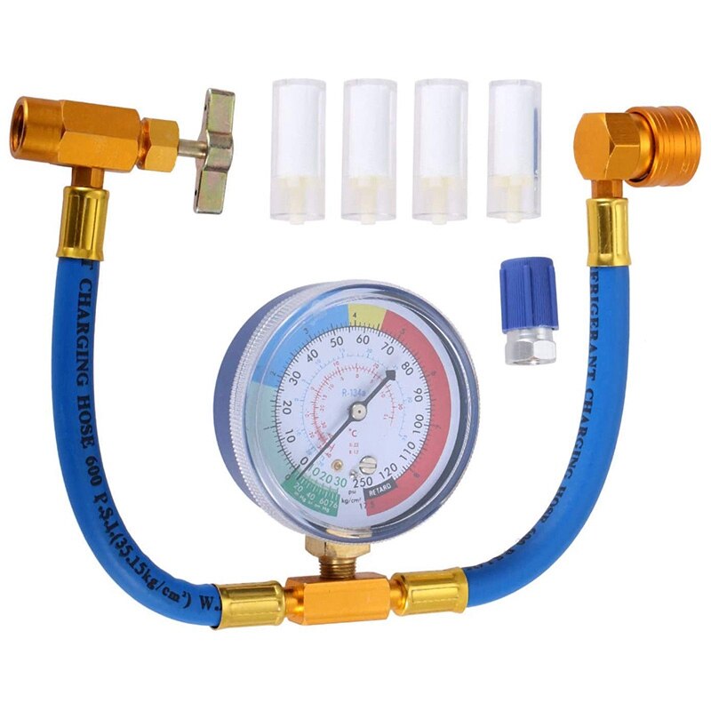 R134A Charging Hose with Pressure Gauge, Refrigerant Can Tap R134A Can to R-12/R-22 Port, R-12 to R-134A Retrofit Valve: Default Title