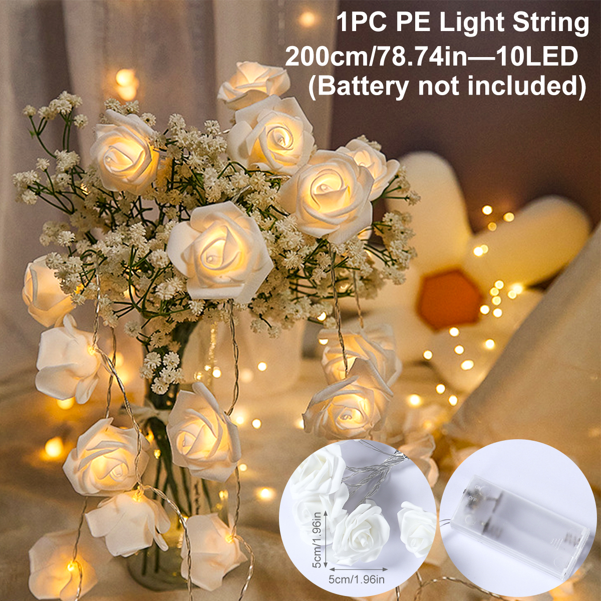 Guirnalda de luces LED con forma de rosa de 2m y 10LED, decoración de boda y cumpleaños, del Día de San Valentín, decoración de árbol de Navidad para el hogar y al aire libre