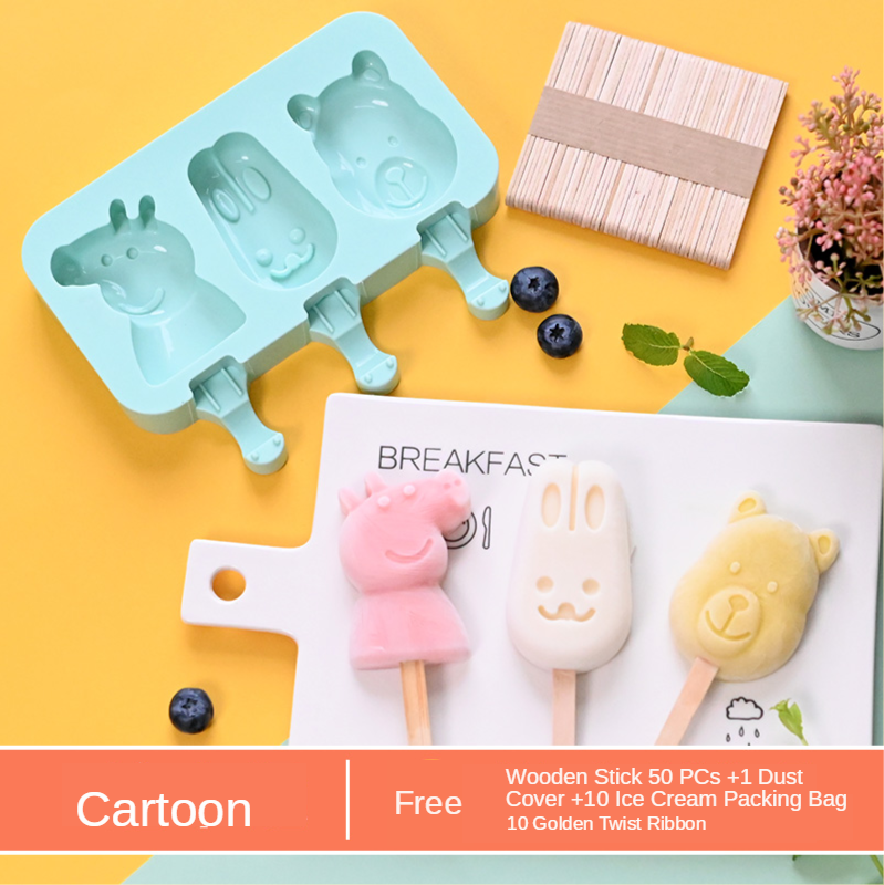 Cute DIY Ice Cream Mold Kit with 50 pcs Wood Sticks Food Grade Silicone Ice Tray Ice Cream Maker for Kitchen Supplies: B-50sticks
