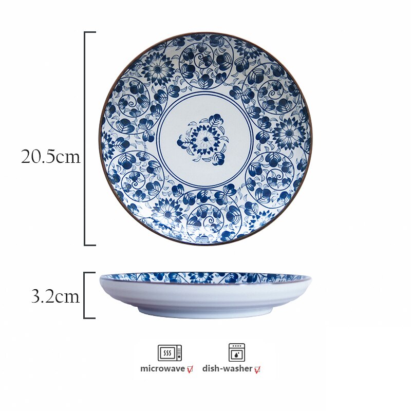 8 inch Japanese Dinner Plate Blue and White Ceramic Dinner Dishes Lotus Orchid Dinnerware Steak Pasta Dishes