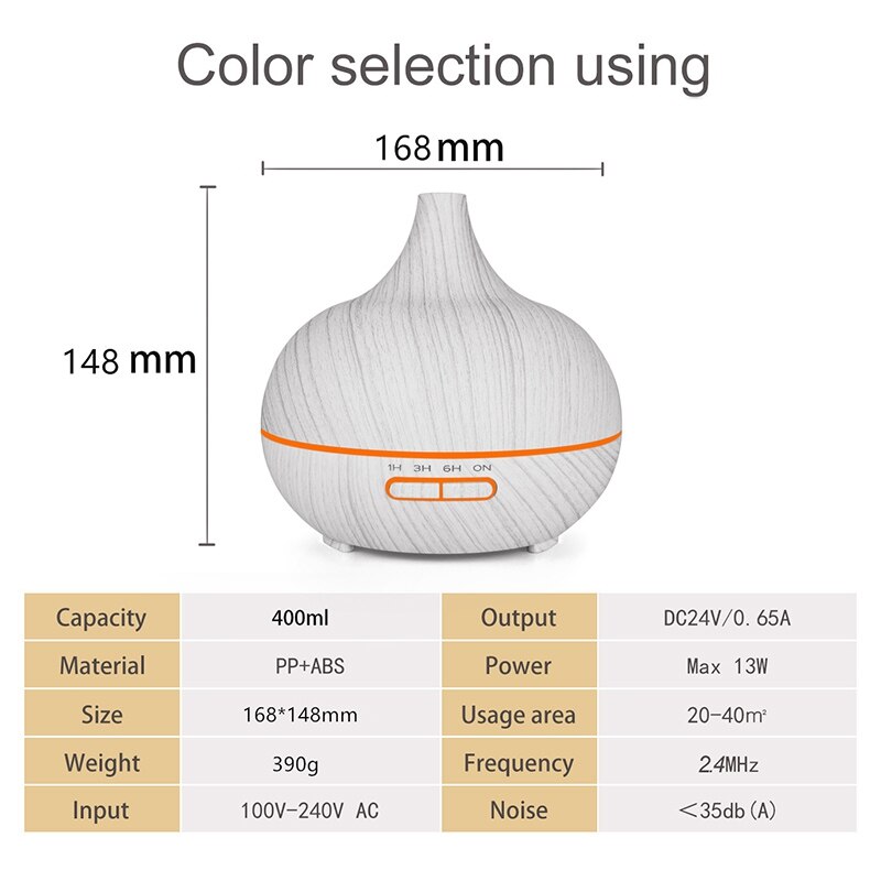 400Ml Ultrasonic Electric Air Humidifier Aroma Oil Diffuser White Wood Grain 7 Colors Led Lights for Home