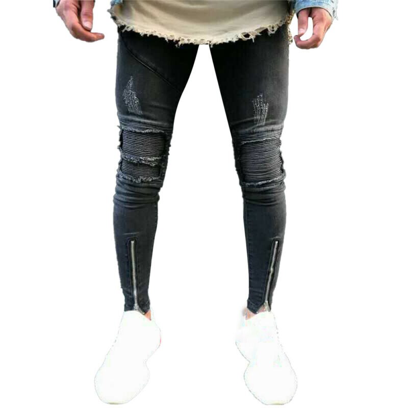 Männer Gerissen Ausgefranst Dünne Jeans Hosen schlank passen betrübt Denim Hosen BöHöhle: Schwarz / 34