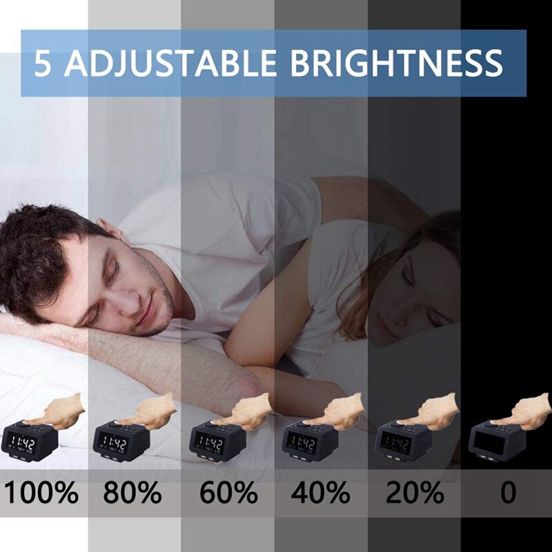 Smart Mute Multifunctional Black Electronic Alarm Clock LED Bedside Bedroom Radio Alarm Clock-EU Plug