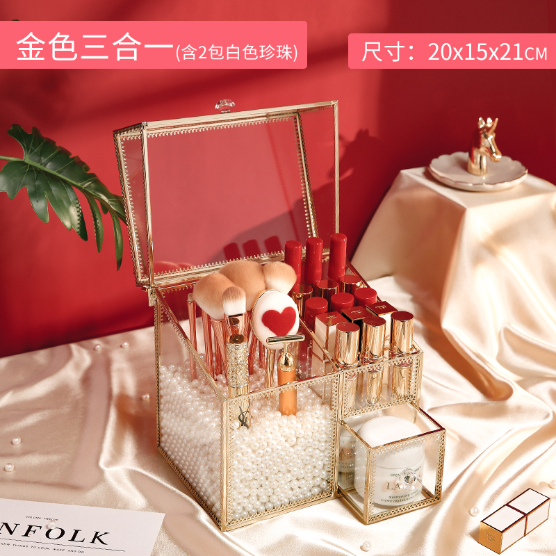 Glass Makeup Brush Holder Storage Drawer Box With White Pearls Gold Glass Makeup Brush Pearls Holder Storage Drawer Box