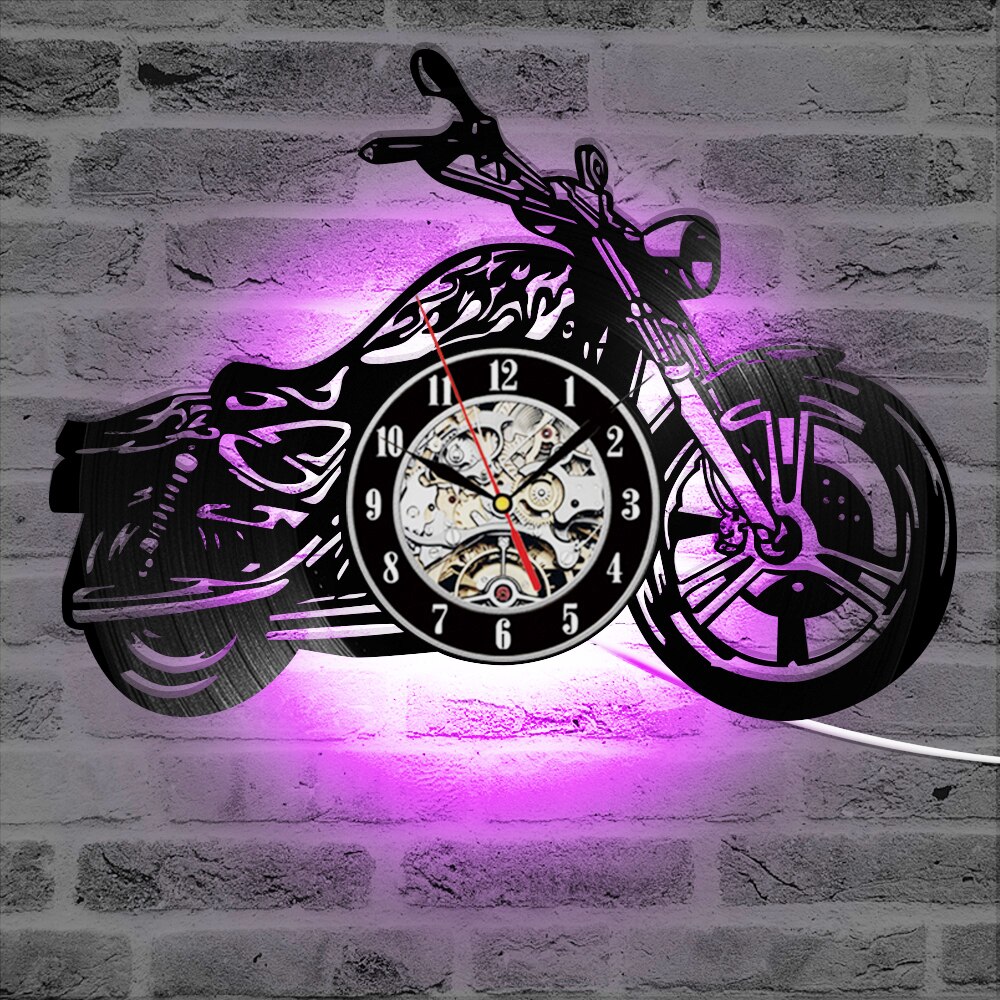 Klassisk motorcykel 3d vægur med led-belysning garage tegn motorcykel vintage vinyl rekord ure væg ur boligindretning 12 ": En -7- farvet ledet ændring