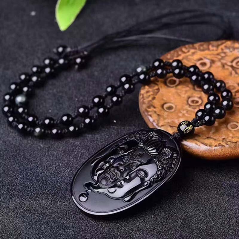 Buddha and Devil Carving Obsidian Necklace Pendant Men's Pendant With Chain Black Jade Jewelry