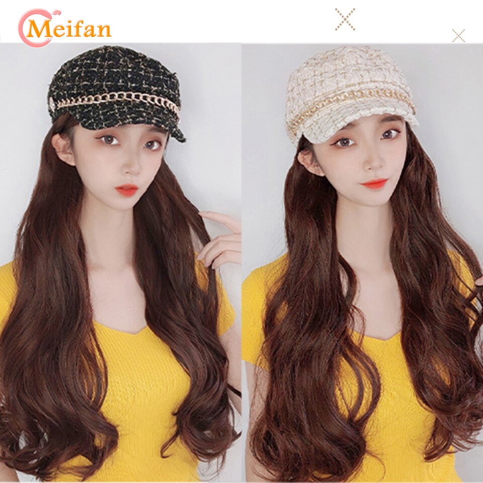 MEIFAN Synthetic Long Wavy Curly Beret Hat Wig Hair Extensions Travel Cadet Hat Retro Octagonal Beret Cap Party Wig