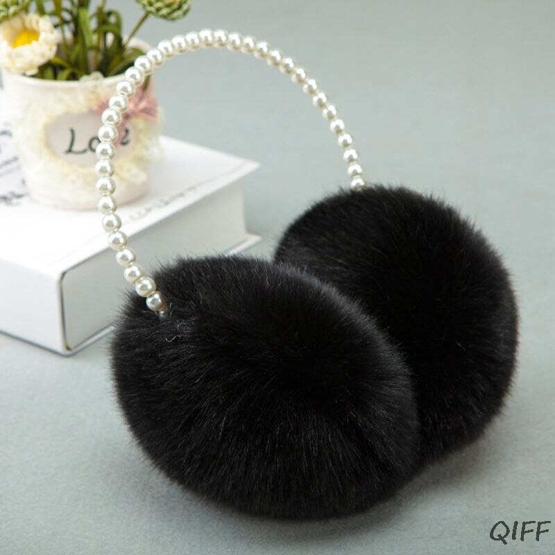 Women Girls Winter Fluffy Plush Earmuffs Imitation Pearl Beaded Headband Thicken Ear Warmer Princess Kids Party Styling Headwear