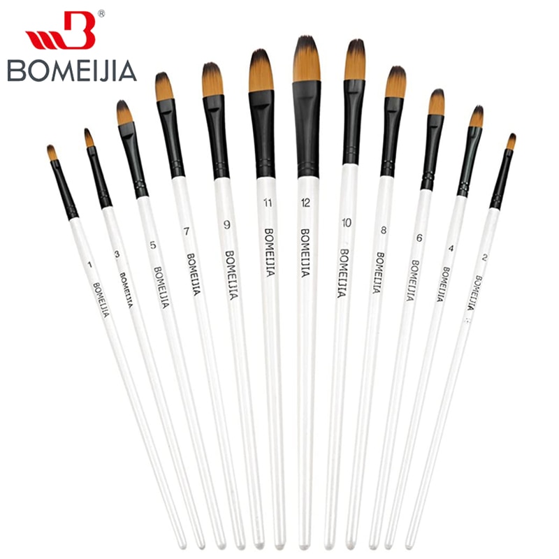 12Pcs Paint Brush Set Filbert Golden Nylon Bristle Brush for Watercolor Acrylic, Gouache, Oil and Facepaint