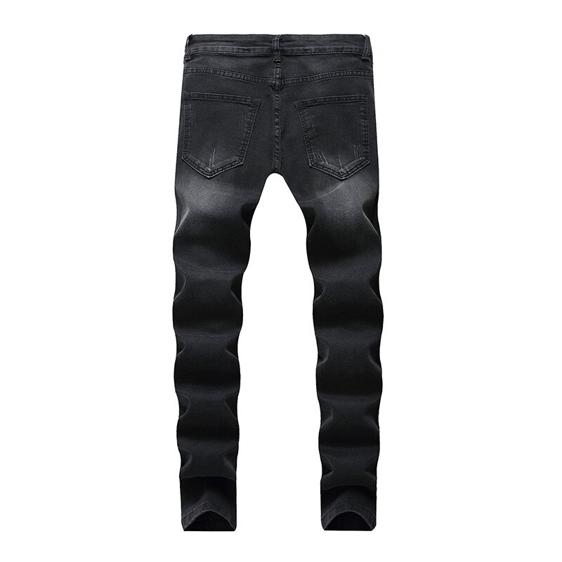 Men jeans denim high street ripped knee black slim stretch pants straight motorcycle washed trousers