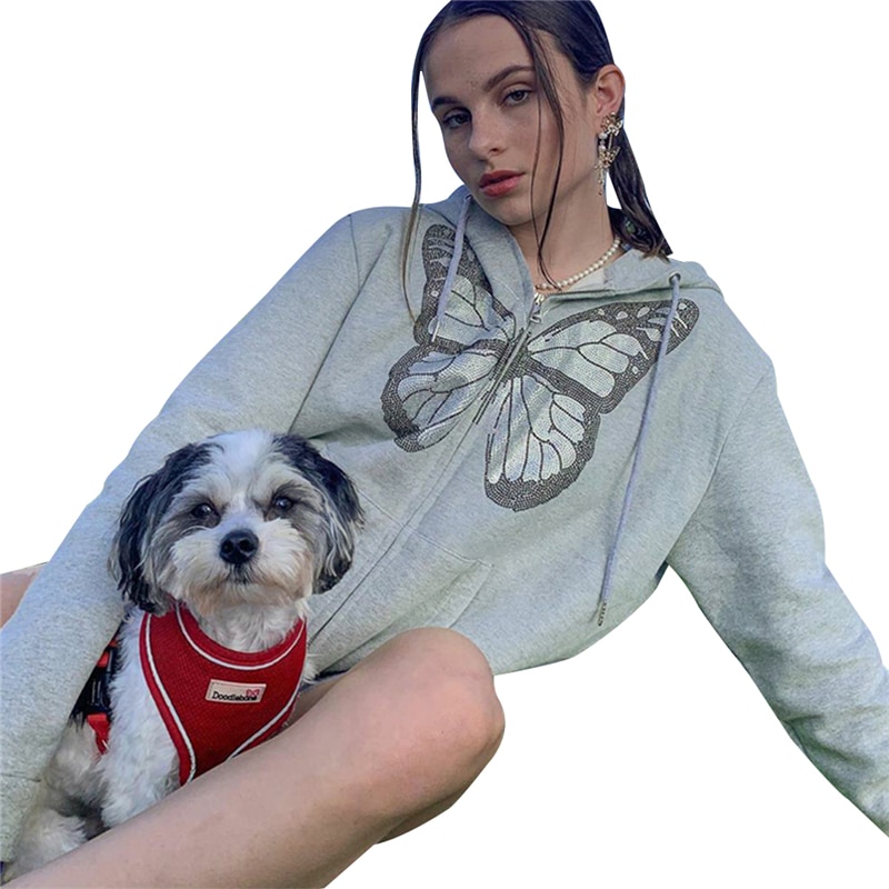 Damen Schmetterling Diamanten Hoodie Ourwear Mädchen Herbst Solide Langarm lässig Reißverschluss Jacke für Grau
